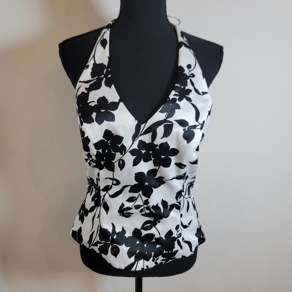 VTG Y2K XSCAPE by Joanna Chen Women Black White Floral Satin Halter Top Size 10